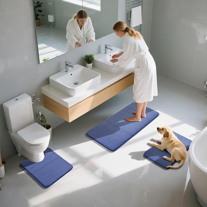 Yimobra 3 Pieces Memory Foam Bath Mat Set with U-Shaped Toilet Rug - Non Slip Super Soft Absorbent Quick Dry Bathroom Rugs for Bathtub, Vanity & Toilet Base, Navy Blue