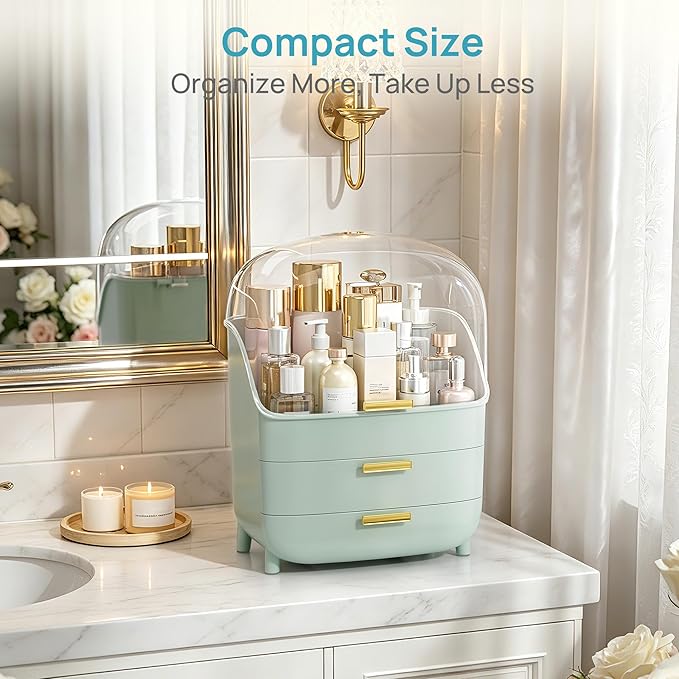 Vtopmart 3-Tier Skincare Makeup Organizer with Drawers and Lid for Vanity and Bathroom Countertop, Large Cosmetic Storage Box Case for Dresser, with Non-Slip Base, Green