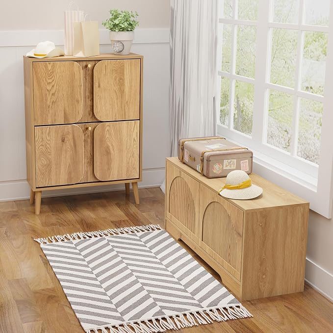 BERRYMERRY 39.4" Fluted Shoe Storage Bench for Entryway,2 Tier Shoe Cabinet Bench with Adjustable Shelf,Bench for Bedroom End of Bed (Natural, 13.8”D x 39.4”W x 18.5”H)