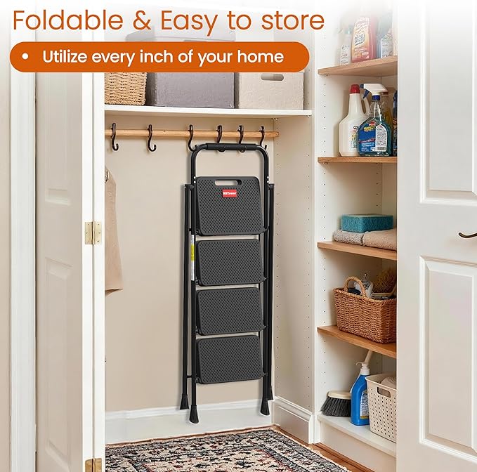 HBTower 4 Step Ladder, Step Stool Foldable for Adults with Wide Anti-Slip Pedal, Lightweight Step Ladders for Home and Kitchen