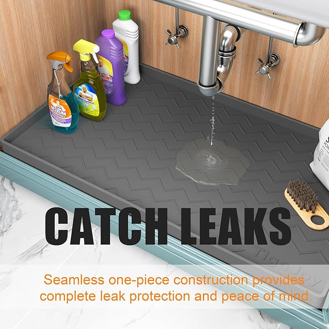 TigeJoy Under Sink Mats for Kitchen Waterproof, Leak-Proof Silicone Mat Sink Protector and Cabinet Liner, Kitchen Essentials Organizer and Storage 31" x 22" Light Grey