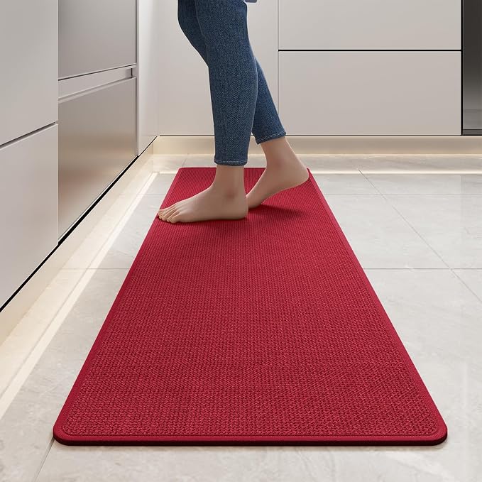 YDKGL Kitchen Mats for Floor, Super Absorbent Kitchen Rugs Non Slip Washable, Soft Imitation Linen Braided Kitchen Runner Rug, Standing Mat Kitchens Sink Mat, Easy to Clean, Red 17x59