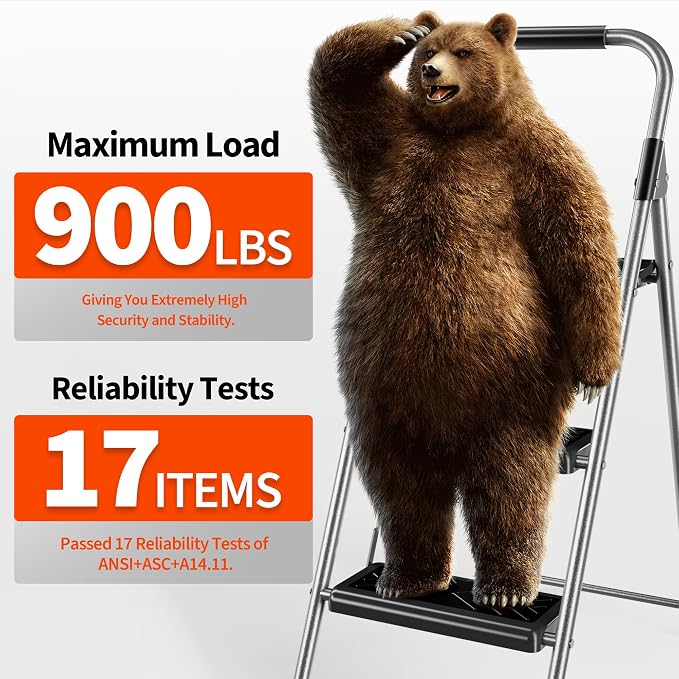 DIAMONDFORGE 3 Step Ladder, Folding Step Stool with Anti-Slip Wide Pedal, Soft Handle, Anti-Slip Feet, Sturdiest Steel Construction, 900lbs Capacity Steel Ladder for Home and Office, Grey