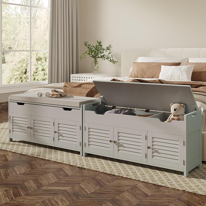 ChooChoo 41.3" Shoe Storage Bench with Lift Top Storage, Entryway Bench with Cushioned Seat, Adjustable Shelf, Shoe Cabinet with Hidden Space, for Entryway, Bedroom, Living Room, Grey