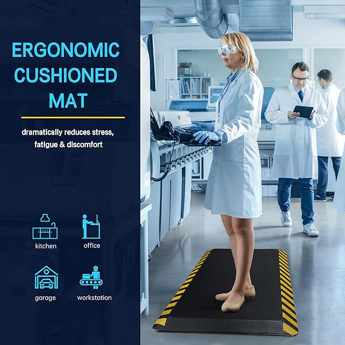FEATOL Anti Fatigue Mat Industrial, Ergonomic Standing Floor Mat for Work for Stand -Safety Support for Leg & Back Pain(Yellow Border, 20" x 32", 8PC)
