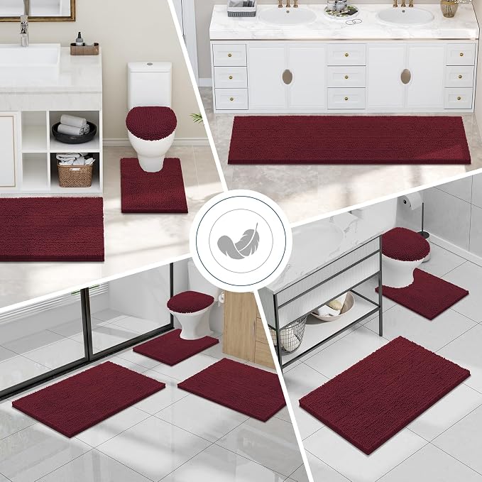 Smiry Luxury Chenille Bathroom Rugs 45x27, Extra Soft and Absorbent Shaggy Bath Mat, Machine Washable, Non-Slip Plush Carpet Runner for Tub, Shower, and Floor, Home Decor Accessories, Burgundy