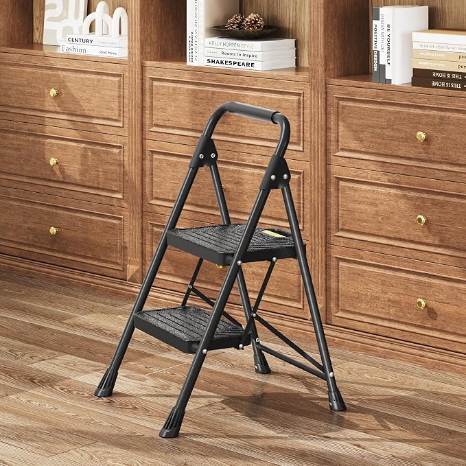 TOOLF 2 Step Ladder, Sturdy Steel Step Stool with Anti-Slip Wide Pedals, Handrail, Safe-Lock Design, Folding Portable Ladder for Multi-Purpose, Home, Kitchen, Pass 800lbs Load Testing, Black