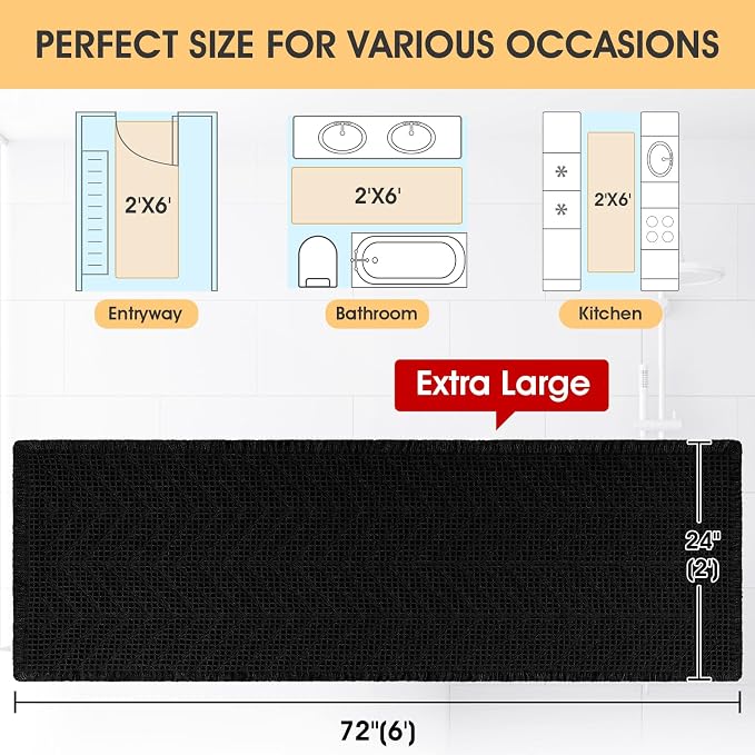 IM HOME Extra Large Waffle Bath Mat, Boho Bathroom Rugs Absorbent Non Slip, Ultra Soft Bathroom Mat, Machine Washable Knit Bath Rugs with Herringbones for Bathroom, Bedroom, Kitchen, 6'x2', Black