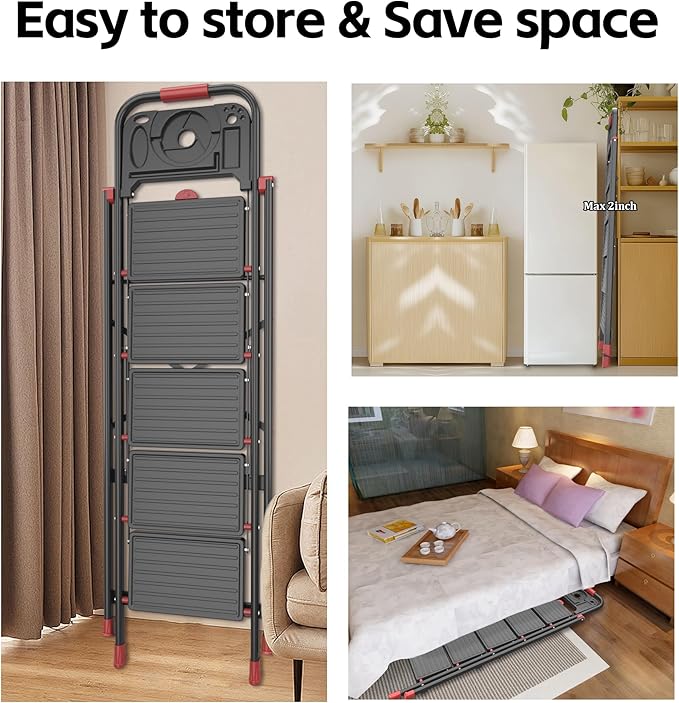 DIAMONDFORGE 5 Step Foldable Ladder with Multifunctional Tool Tray, Iron, Platform Ladders Stepstools, Folding with Non-Slip Pedals, 800 lbs Bearing Capacity for Adults/Home/Kitchen, Black Red