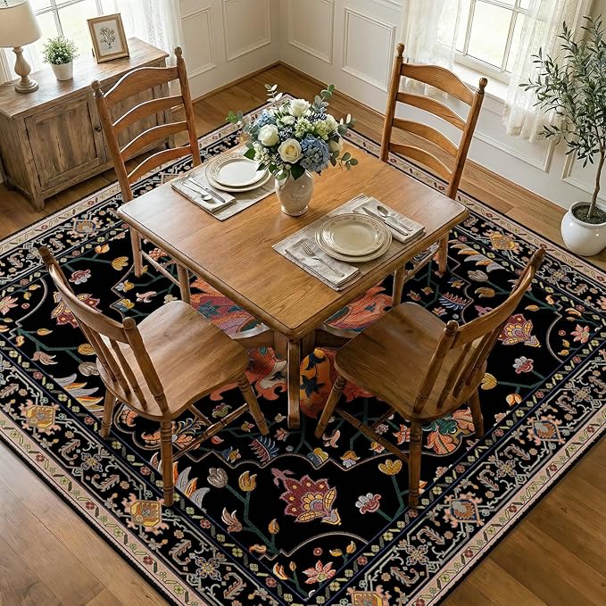 RELEANY Area Rugs Square 8ft Washable Non-Slip, Floral Vintage Distress Medallion Carpet for Living Room Bedroom Dining Room, Black Colorful Floral Dark Tan