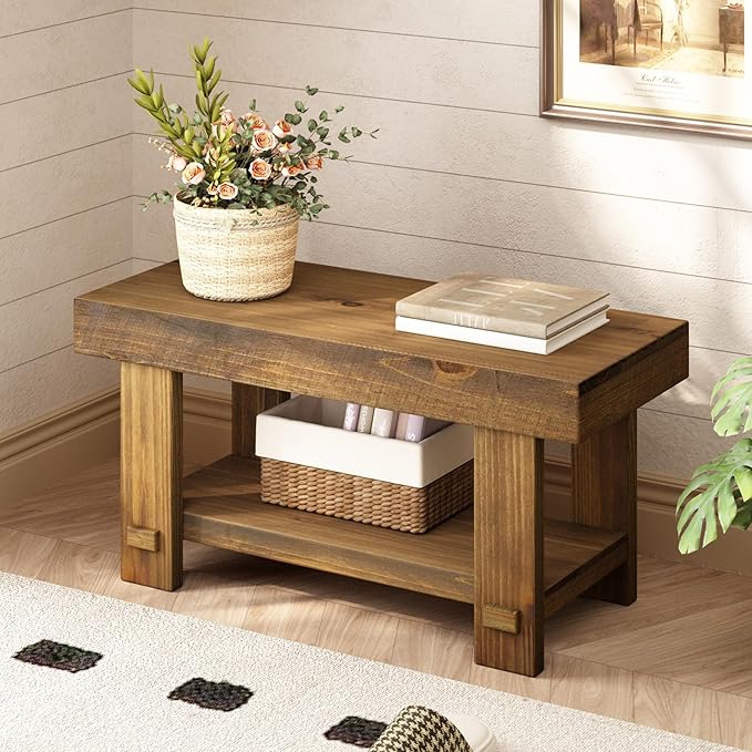 HOKYHOKY Solid Wood Entryway Bench - 31.5" Farmhouse Small Storage Benches, Narrow Bench Seat for Indoor, Entryway, Dining Room, Living Room and Hallway, Rustic Natural