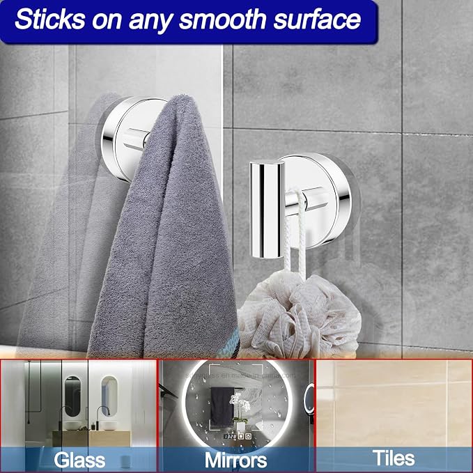 Bntuk Suction Cup Hooks, Shower Hooks for Inside Shower – Removable Towel Hooks for Bathroom Window Glass Mirror Tile, Bath Robe Looafh Hook for Hanging – Waterproof & Rustproof, Chrome (4 Pack)