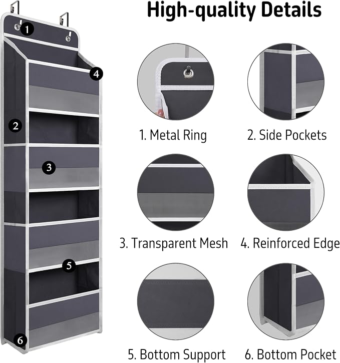 TYMENSH Gray Over Door Organizer with 4 Large Clear Pockets, Neutral Hanging Door Storage for Closet, Bathroom, Bedroom, Dorm, Nursery, Toys, Toiletries, Baby Essentials
