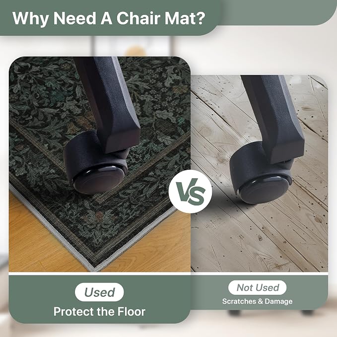 48"x60" Office Chair Mat for Hardwood Tile Floor, Under Desk Carpet Protector for Rolling Computer Chair Mat, Machine Washable Area Rug, Anti-Slip 1/5" Thick Low Pile Thin Vinyl Floor Mat, Dark Green