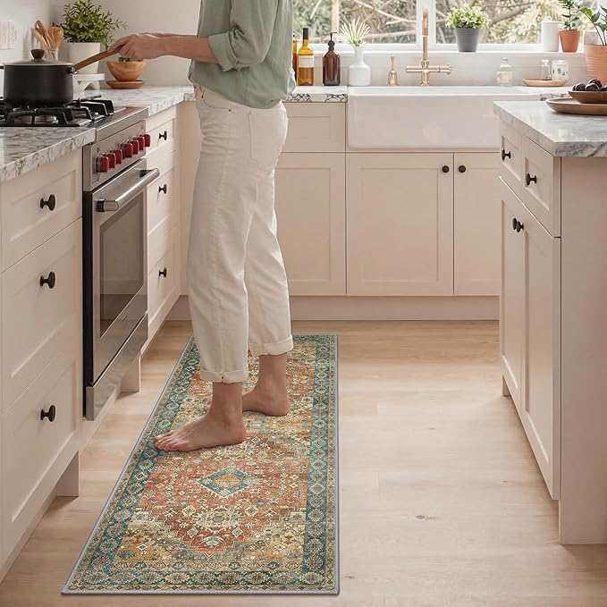 GENIMO Kitchen Rugs Non Slip Washable, 2PCS Kitchen Mats for Floor, Cushioned Standing Mat, Kitchen Runner Rug Floor Mat for Kitchen Decor, Laundry, Sink, Entryway, Home, 20"x32"+20"x48", Retrobrick