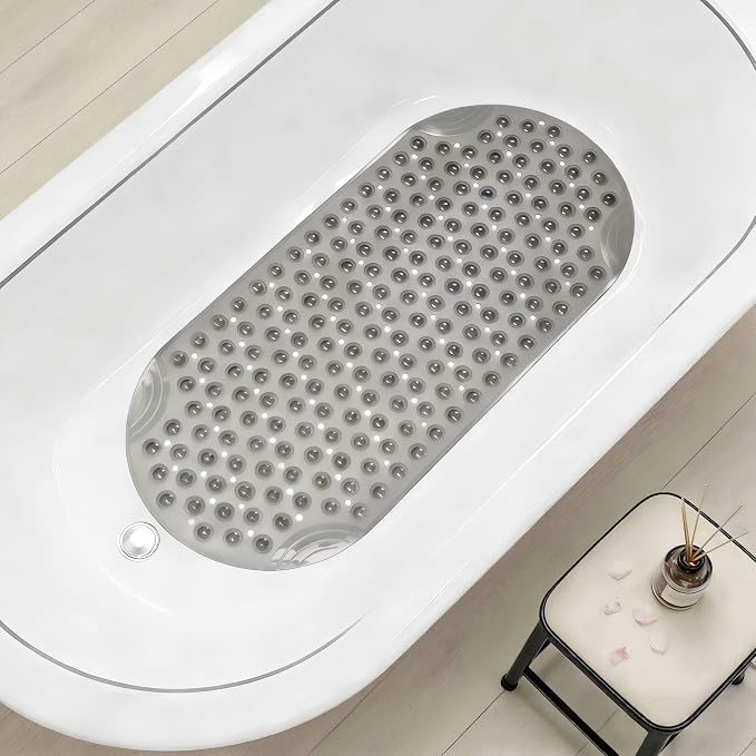 Anti Slip Bathtub Mat,Non Slip Bath Mat,16x35 Inch Extra Long Tub Mat,Machine Washable Bathroom Shower Mat with Suction Cups and Drainage Holes,Soft on Feet (Grey)