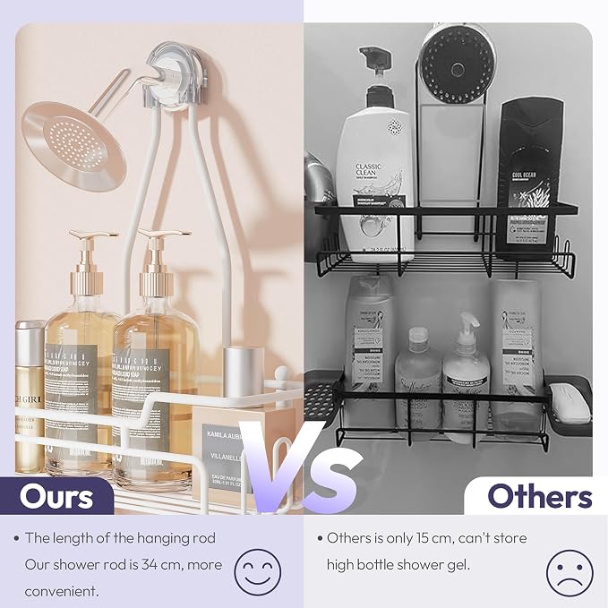 SWTYMIKI Bathroom Shower Caddy Hanging - 3 Tier Rustproof Over Shower Head Organizer, No Drilling Bathroom Shelf with 16 Hooks & Soap Holder, Anti-Swing Rack for Shampoo,Sponge,Towel, White, Medium