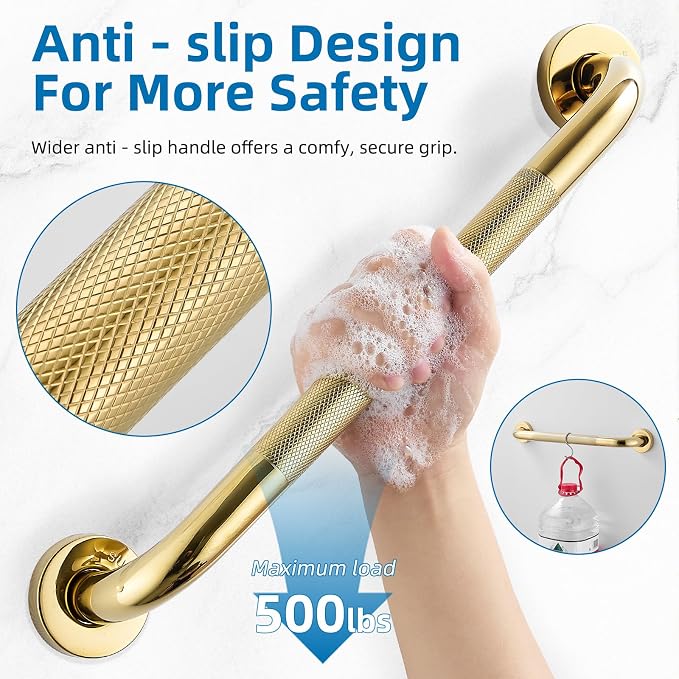 Grab Bars for Shower, Zynuhmo 2 Pack 16 Inch Anti Slip Stainless Steel Bathroom Safety Shower Grab Bar Handrails for Handicap Injury Pregnant Senior Assist Shower Handles(Titanium Gold, 1" Diameter)