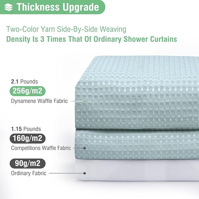 Dynamene Extra Long Fabric Shower Curtain - Waffle Weave 90 Inches Long Heavy Duty Cloth Shower Curtains for Bathroom, 256GSM Tall Hotel Luxury Bath Curtain Set with 12 Plastic Hooks, Fog Blue