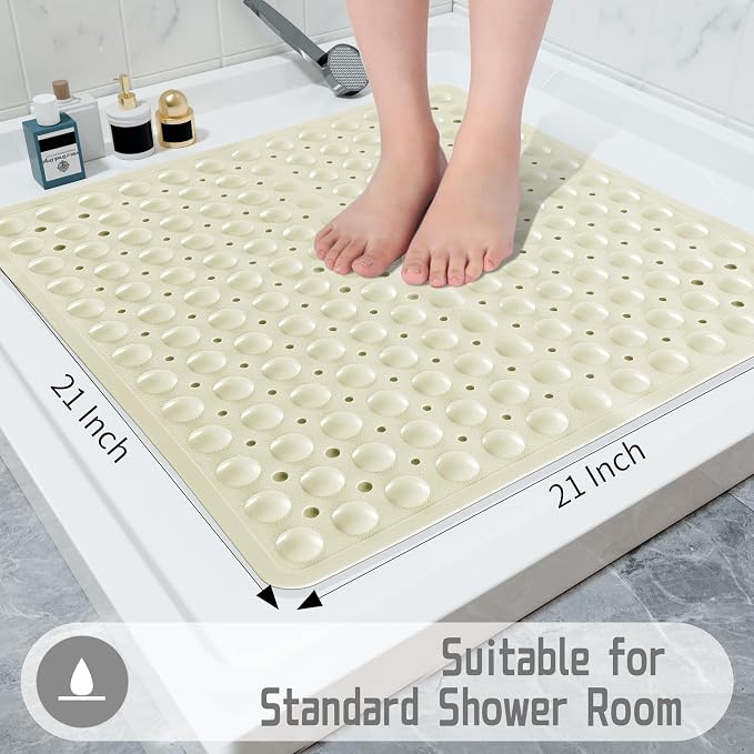 Yimobra Shower Mat 21X21 Inch Square, Non Slip Bathtub Mat with Large Suction Cups&Drain Holes, Soft Fast Dry Shower Stall Mats for Inside Shower, Machine Washable BPA-Free, Bath Essentials, Beige