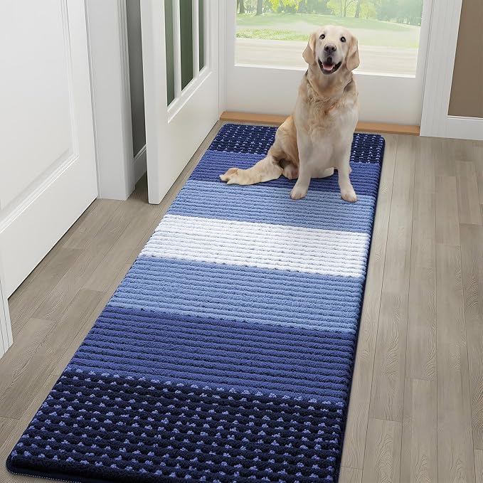 Kitinjoy Indoor Outdoor Door Mat, 59x20 Non-Slip Absorbent Dirt Trapper, Low-Profile Washable Inside Entrance Front Floor Mat, Sturdy Soft Entry Dotted Ombre Doormats for Entryway, Navy Blue