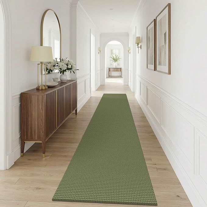 KOZYFLY Cotton 2.5'x12' Runners Rugs for Hallway, Long Washable Runner Rug, Woven Non Slip Kitchen Runner, Braided Entryway Rug, Floor Carpet for Entry, Aisle, Hall, Olive Green/Earthy Green