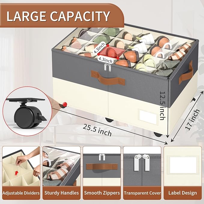 Foyego Shoe Organizer for Closet, Shoe Storage Organizer with Wheels and Adjustable Dividers, Stackable Shoe Storage Box with Clear Cover, Closet Shoe Organizer Fits up to 24-48 Pairs, Gray and Beige