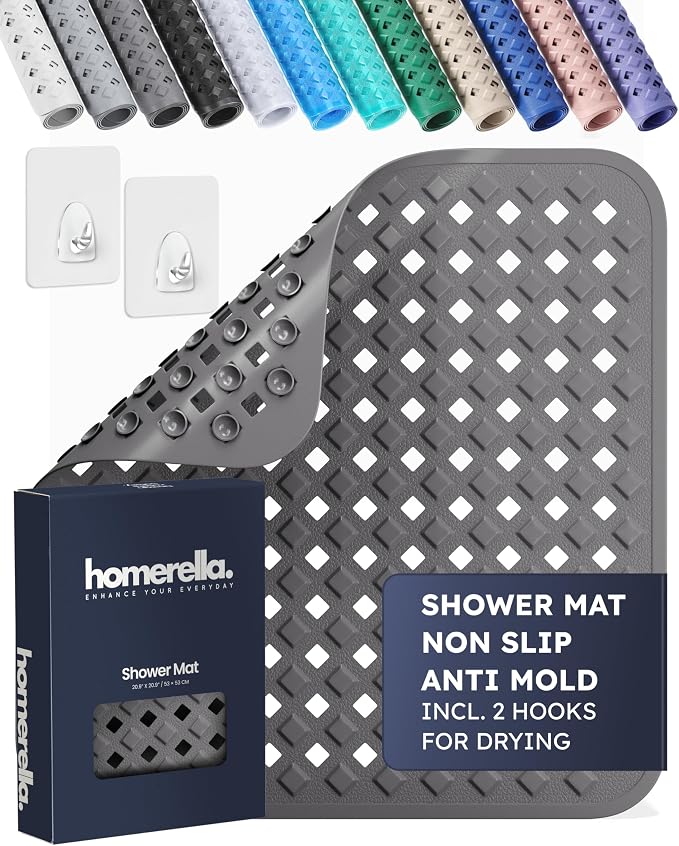 homerella® Shower Mat Non Slip Anti Mold, Non Slip Shower Mats for Inside Shower Stall Anti Slip Mat, Square Shower Floor Mat 21 x 21 in with Suction Cups & Hooks for Quick Drying, Machine Washable