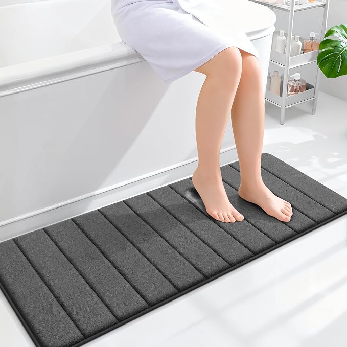 OLANLY Memory Foam Long Bathroom Rugs Runner 47x17, Super Soft Absorbent Bath Mat, Quick Dry, Machine Washable Shower Floor Rugs, Bathmat Carpet, Bathroom Home Decor Accessories, Black