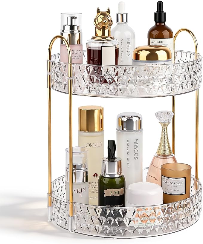Rotating Makeup Organizer for Vanity, 2 Tier Perfume Skincare Storage for Women, Bathroom Counter Organizer, 360° Spinning Cosmetic Holder for Dresser Countertop, Clear