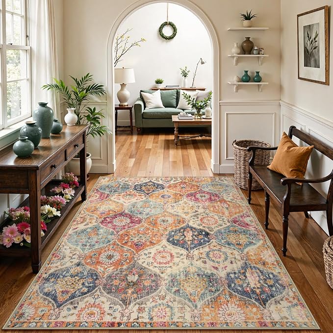 Lahome Moroccan Machine Washable Rugs for Living Room, 4x6 Rug for Bedroom Non-Slip Vintage Trellis Ultra-Thin Throw Carpet for Dining Room Office Nursery Elise, Cream/Multi