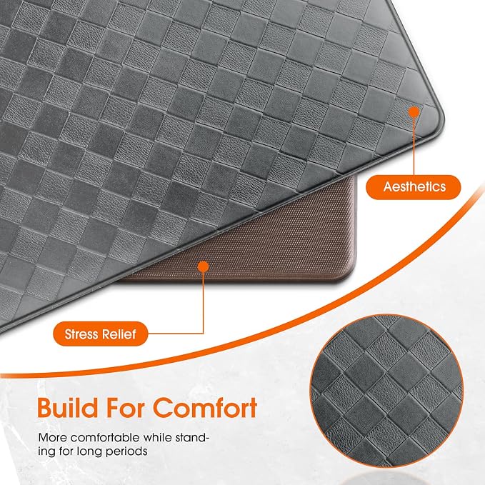 TranquilRelax Kitchen Mats, 2PCS Kitchen Rugs, Cushioned Anti Fatigue Kitchen Mats for Floor, Non-Slip Standing Desk Mat, Waterproof Kitchen Rug Set for Kitchen Floor Office,17.3"×30"+17.3"×59" Grey
