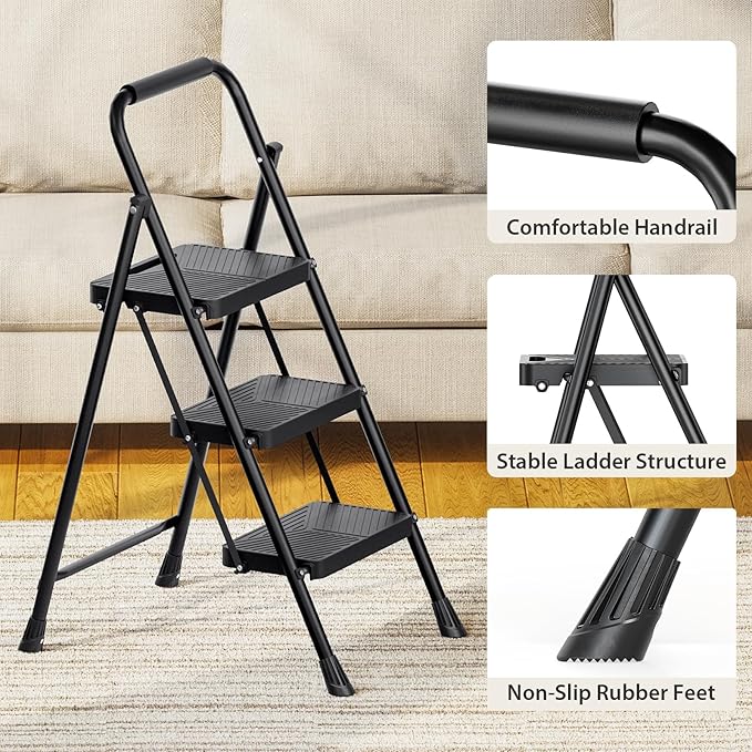 Urackify 3 Step Ladder, Portable Folding Ladder for Multi-Purpose, Home, Kitchen, Heavy Sturdy Steel Step Stool with Handrail, Anti-Slip Wide Pedals, Safe-Lock Design, Pass 500lbs Load Testing, Black