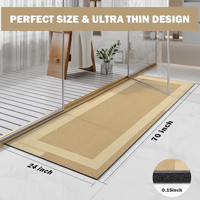 YDKGL Extra Long Non Slip Bathroom Runner Bath Mat, Rubber Backing Ultra Thin Bath Rug Fit Under Door Quick Dry Super Absorbent Washable Shower Mat for Bathroom Floor Bathtub Sink, Brown 24"x70"