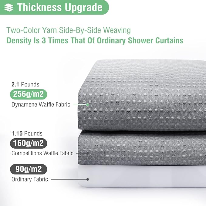 Dynamene Stall Fabric Shower Curtain - 60 x 84 inch Long Waffle Weave Weighted Thick Cloth Shower Curtain for Bathroom, Neutral Heavy Duty Hotel Spa Luxury Bath Curtain Set with 10 Hook, Grey/Gray
