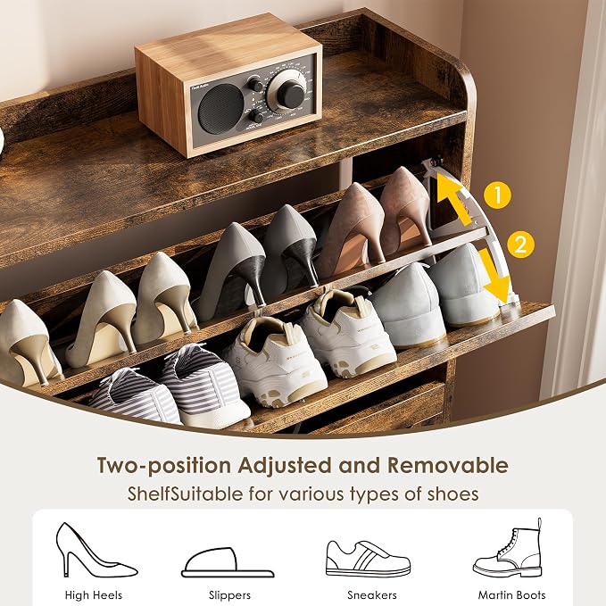 Nicetree Shoe Cabinet Organizer with 2 Flip Drawers, Freestanding Narrow Rack with Metal Legs, Farmhouse Slim Shoe Storage for Entryway, Foyer, Hallway, Rustic Brown