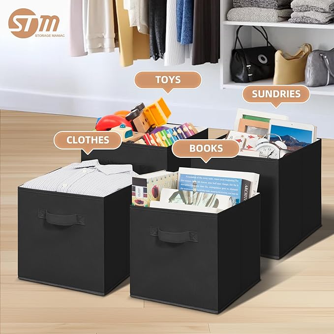 STORAGE MANIAC Storage Cubes, 11 Inch Collapsible Storage Bins with Handles, 8 Pack Fabric Foldable Bins for Organization, Durable Storage Bins for Closet, Shelves, Offices, 8-Pack Black