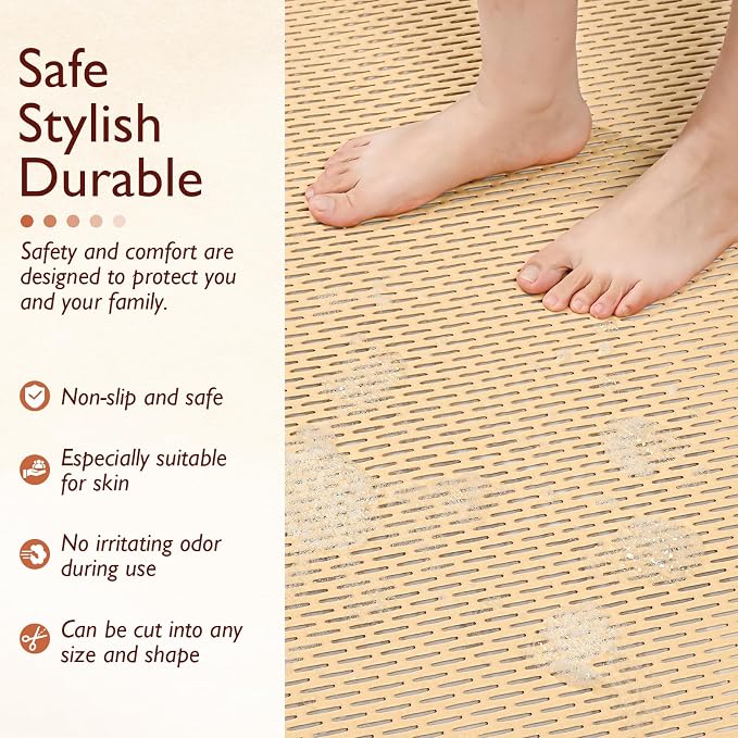 Extra Large Non-Slip Shower Mat, Fast-Dry PVC Bath Stall & Tub Mat, Drain-Hole Design,for Shower Stall Tub for Elderly/Kids，Non Slip Bathroom Safety Accessory，Beige 16"x24"