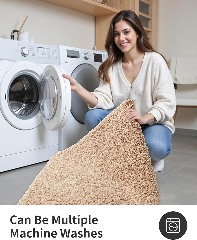 ILANGO Beige Bathroom Rugs 48" × 24" Non Slip & Super Absorbent Extra Thick Soft, Washable Bath Mat for Floor, Microfiber Plush Shaggy Bath Rug with Rubber for Bathtub Shower Room Sink