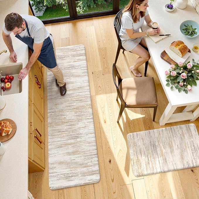 KIMODE Kitchen Anti Fatigue Mats, Farmhouse Abstract Kitchen Rugs Sets of 2, Memory Foam Kitchen Mats for Floor, Waterproof Non Skid Standing Mats for Sink Laundry Office Desk Brown 20"x71"+20"x32"