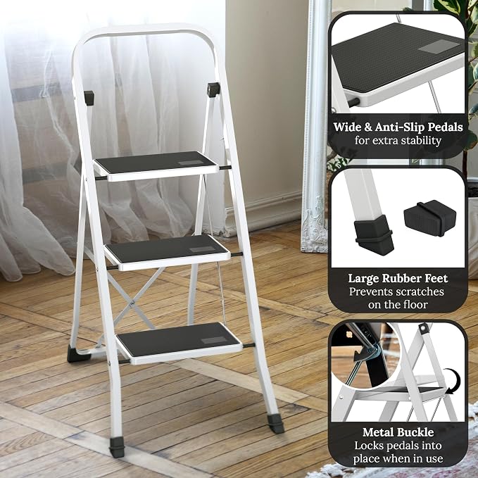 3-Step Ladder with Wide Anti-Slip Platform & Thick Rubber Feet | Heavy Duty Foldable & Portable | 330 lbs Capacity, Steel Frame, Rubber Handgrip, Folding Step Stool