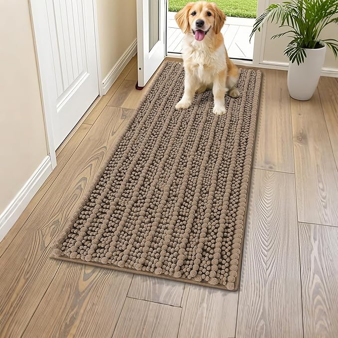 Smiry Dog Door Mat for Muddy Paws 47x17, Absorbent Dirt Trapper, Non-Slip Washable Chenille Entryway Rug for Inside Floor, Camel, Layered Pattern