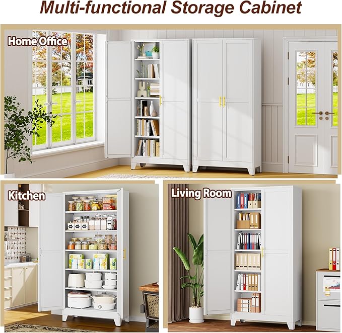 75" White Tall Metal Garage Storage Cabinet with 2 Doors and 5 Adjustable Shelves,Kitchen Pantry Cabinet,File Cabinet,Steel Tool Cabinet for Home,Office,Garage,School,Warehouse