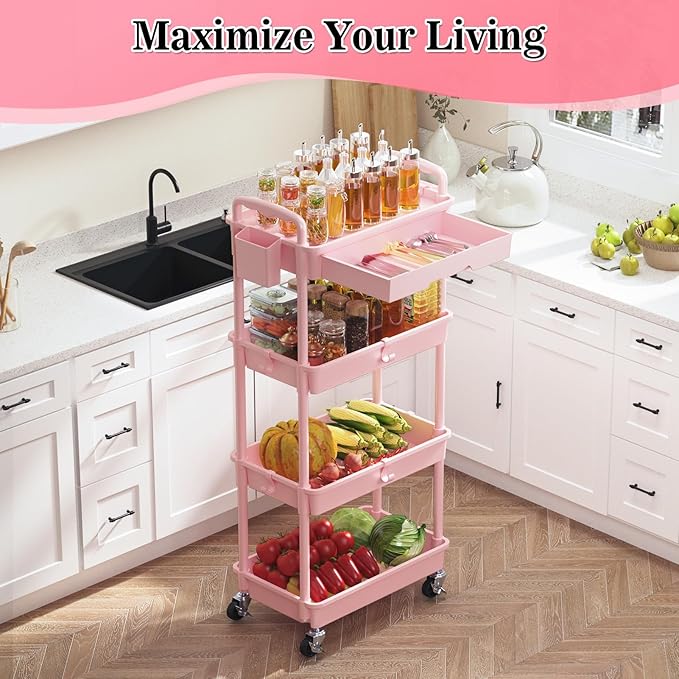 SUNALLY 4 Tier Rolling Utility Cart with Drawer, Storage Organizer Cart with 2 Lockable Wheels, Multifunctional Rolling Storage Cart for Bathroom, Kitchen, Craft, Makeup, Baby Essentials, Pink