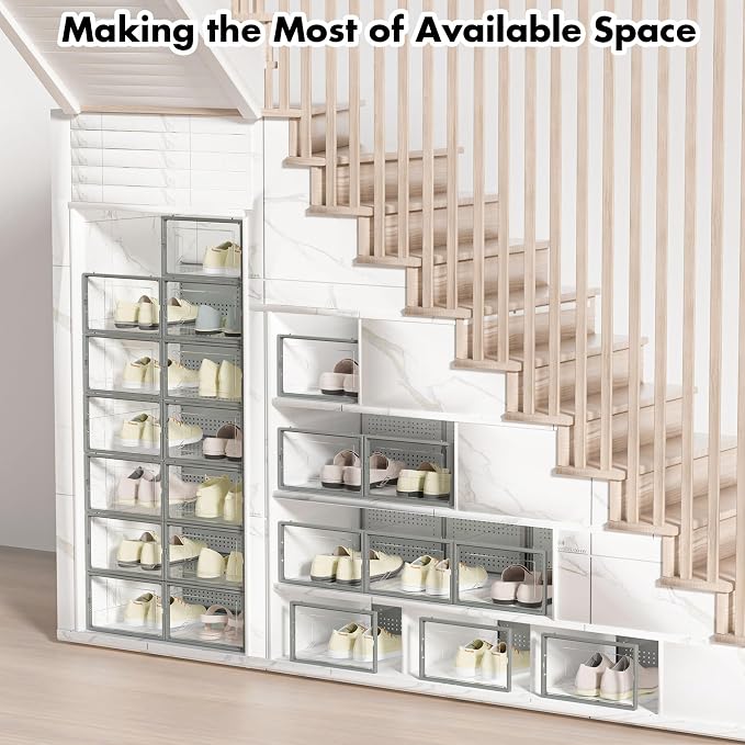 Foluck Shoe Storage Box, 15 Pack Clear Plastic Stackable Organizer for Closet, Interlocking Design Shoes Container Bins for Sneakers, Foldable Shoe Rack with Lids, Grey