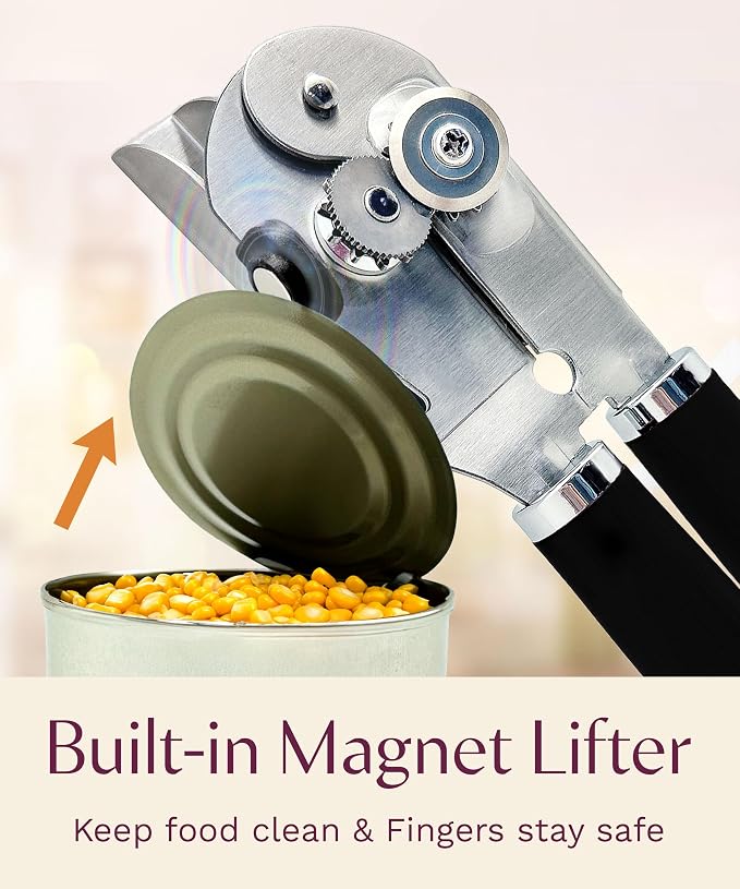 Premium Multifunction Magnetic Manual Can Opener and Bottle Opener, Heavy Duty Stainless Steel Sharp Cutting Blade and Oversized Easy Turn Knob, Soft-Touch Handle, Kitchen Use, Black