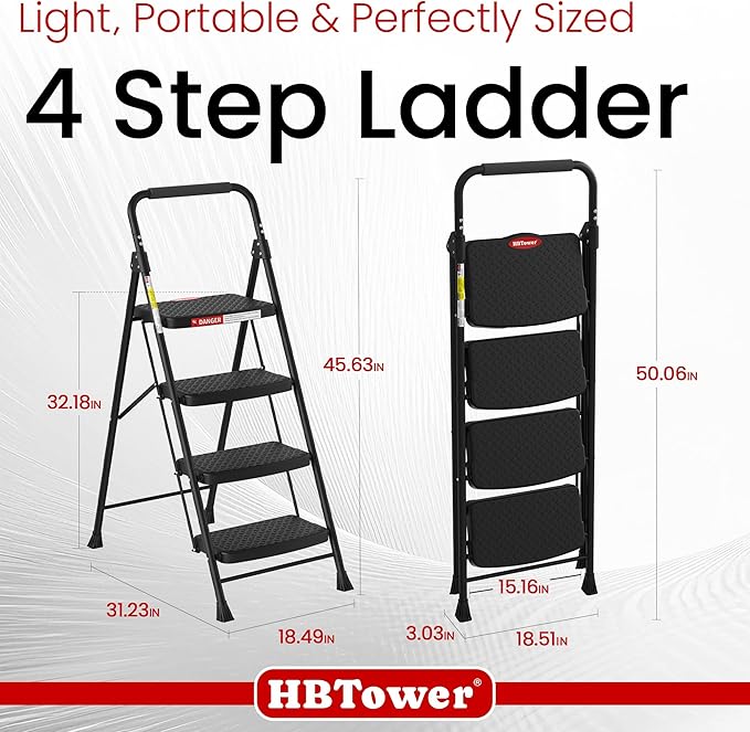 HBTower 4 Step Ladder, Step Stool Foldable with Wide Anti-Slip Pedal, Sturdy Steel Ladders for Home Adults Kitchen