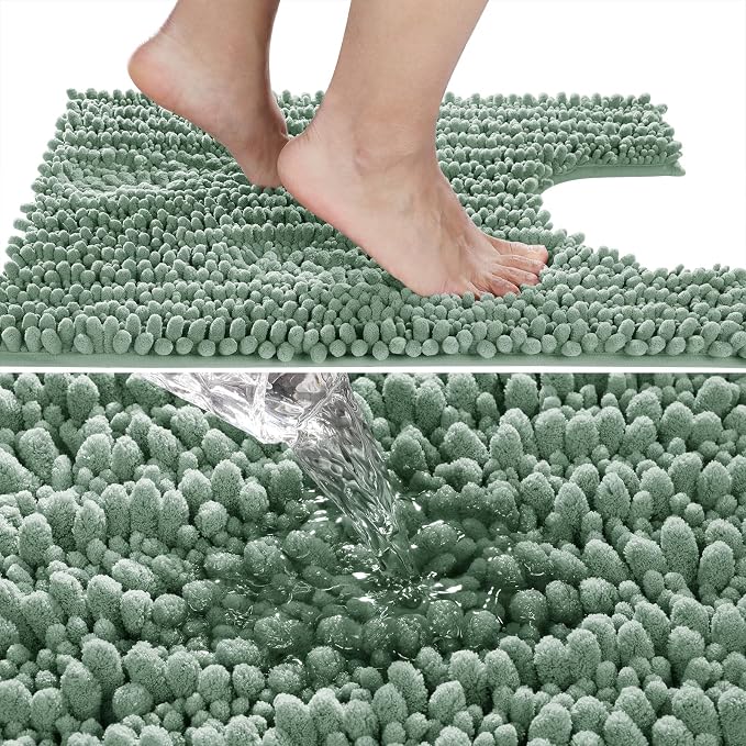 Yimobra Toilet Rug U Shaped Washable 24x24 Inch - Ultra Soft Absorbent Chenille Bath Rugs for Toilet, Quick Dry & Machine Washable, Non Slip Contour Bathroom Mat, Green