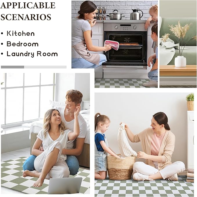 Sage Green Checkered Grid Checkerboard Kitchen Rug Sets [2 PCs], Anti-Fatigue, Waterproof Non-Slip Kitchen Mats Heavy Duty Comfort Foam Rug for Kitchen, Floor, Home,Laundry,17"x29"+17"x47"