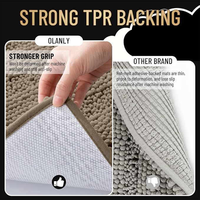 OLANLY Thick Bathroom Runner Rugs 44x24, Extra Absorbent Chenille Striped Bath Rugs, Rubber Backing, Machine Wash Dry, Long Bath Mats for Bathroom Floor, Tub and Shower, Home Decor Accessories, Tan